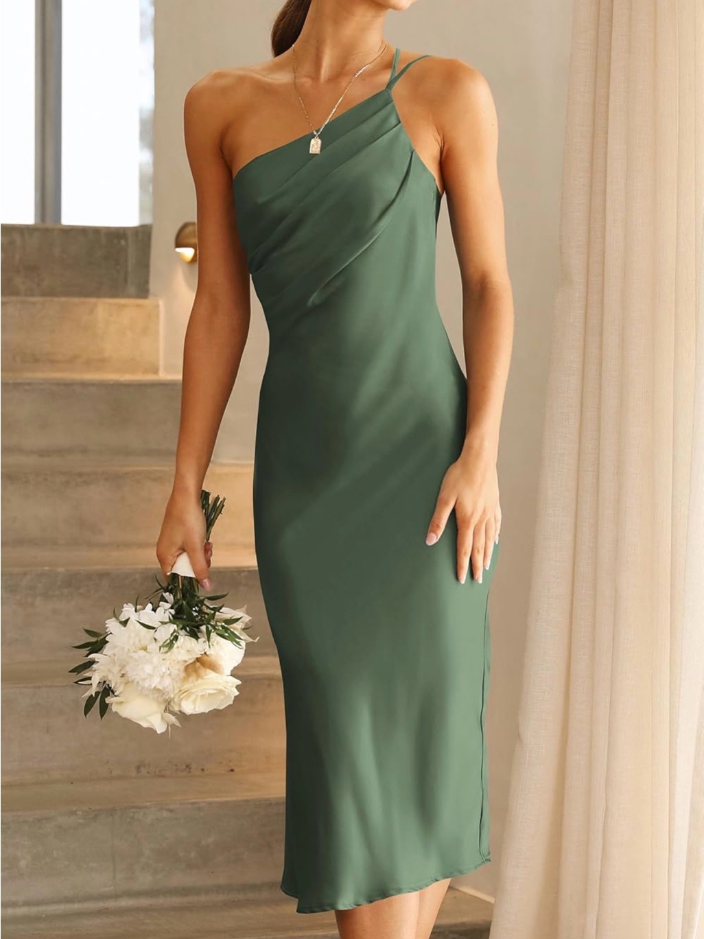 One-Shoulder Olive Green Bias Slip Dress